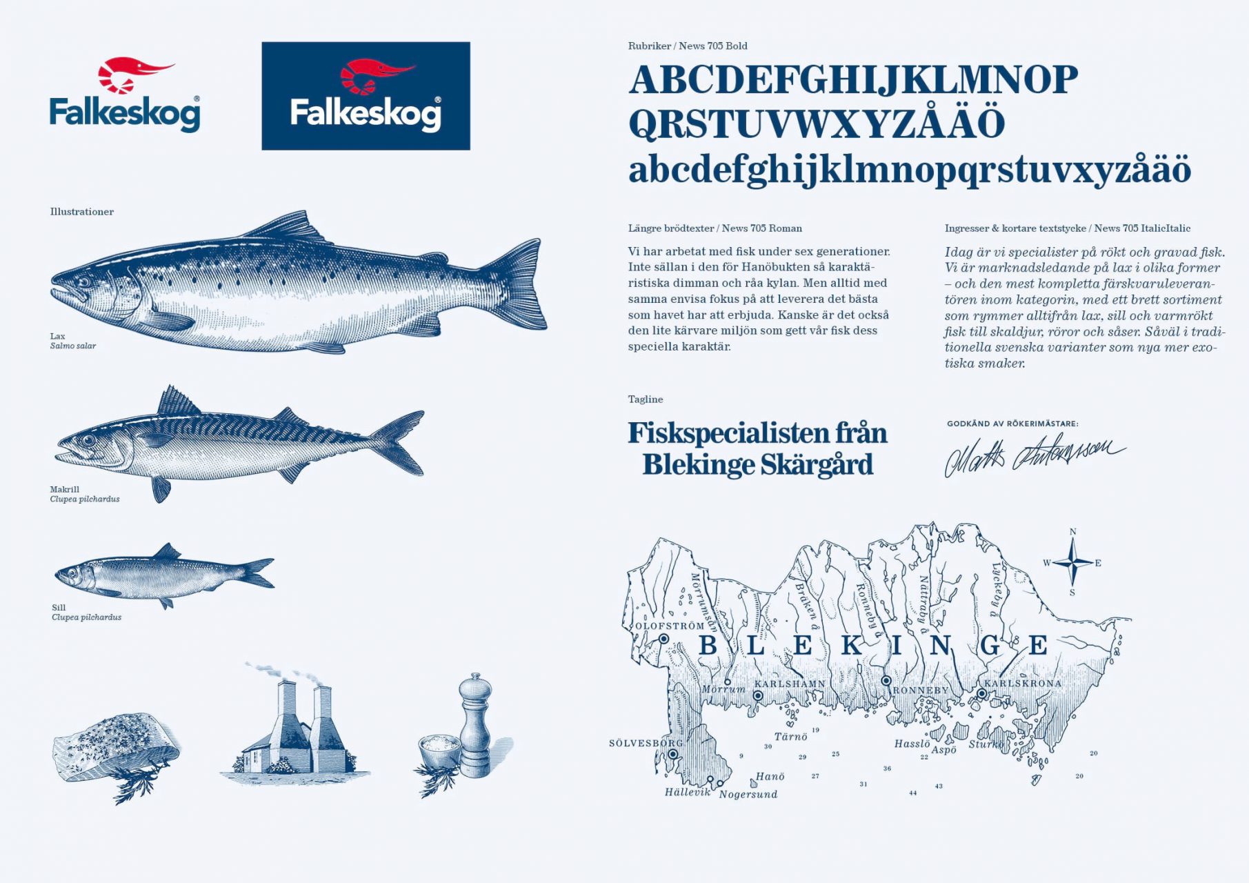 Grafisk profil med illustrationer och typsnitt för Falkeskog
