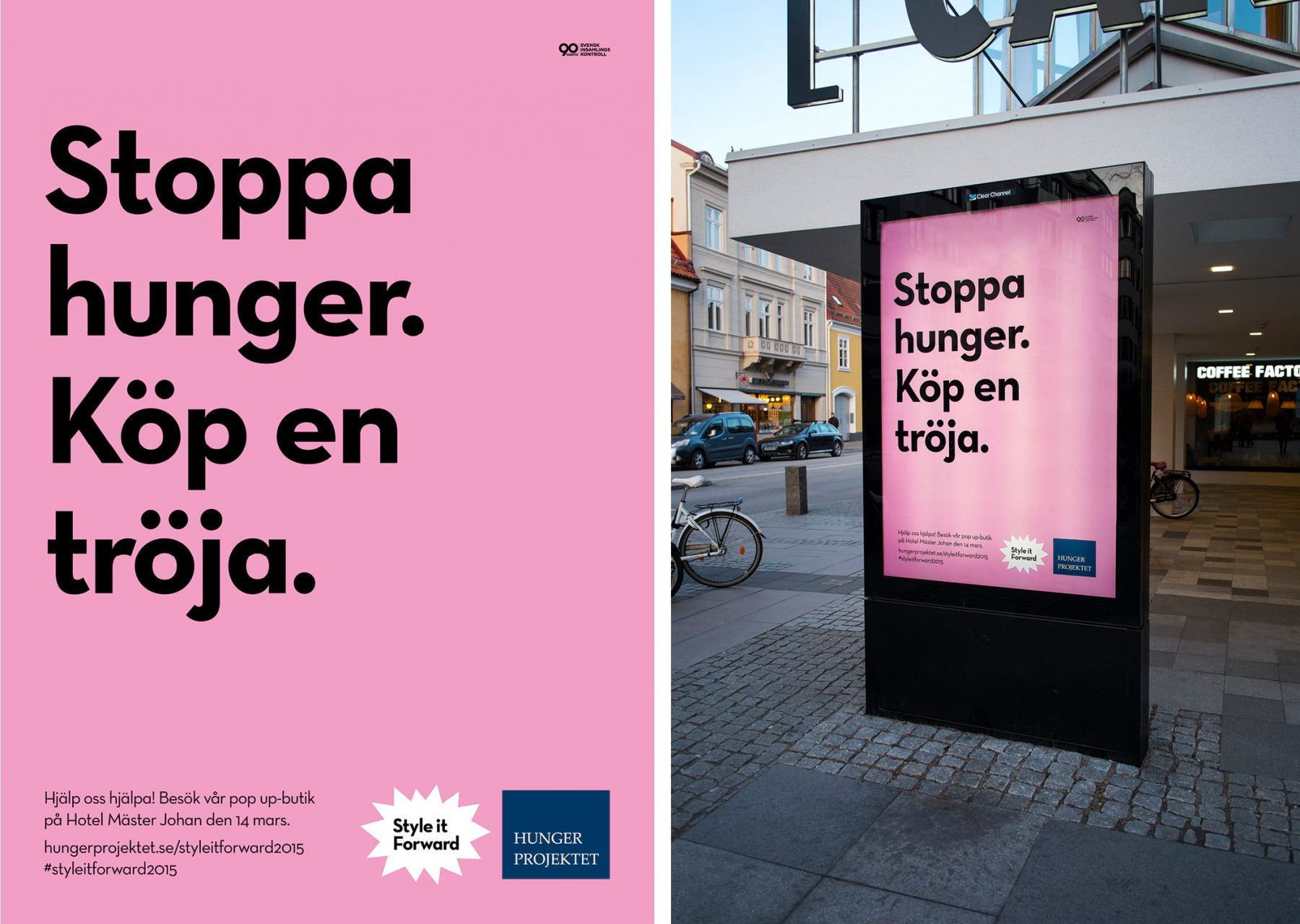 Reklampelare för Hungerprojektet i svart text men rosa bakgrund