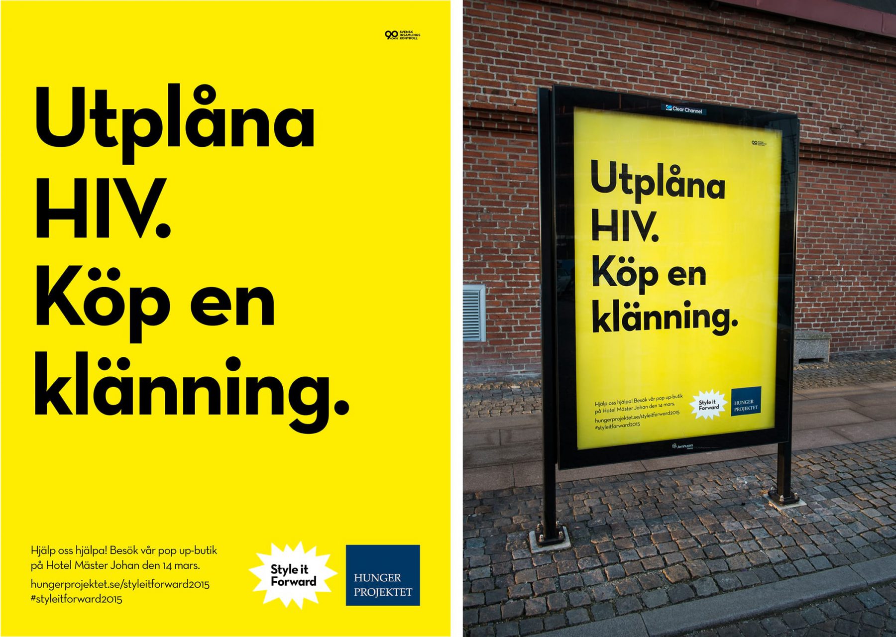Reklampelare för Hungerprojektet i svart text men gul bakgrund