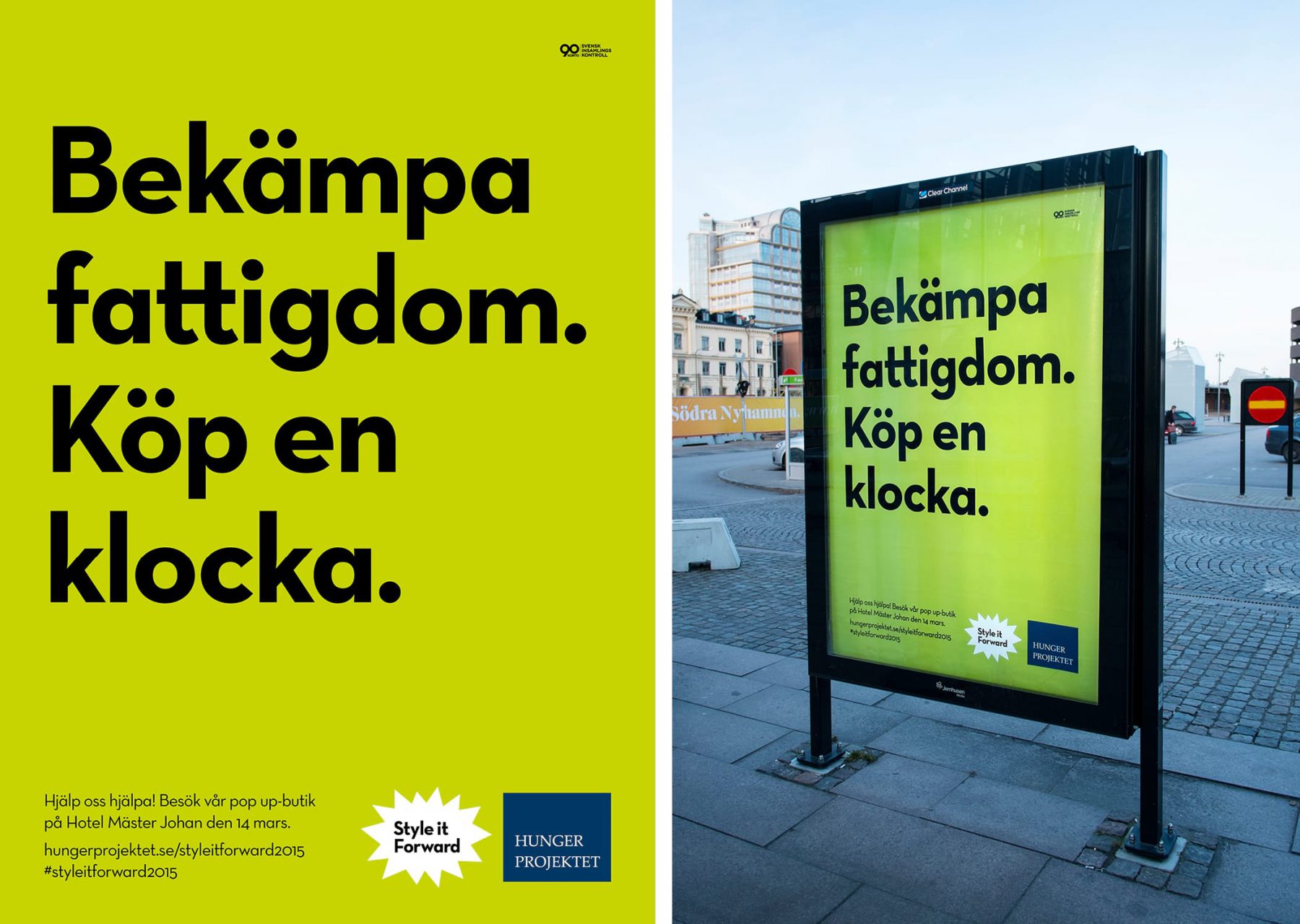 Reklampelare för Hungerprojektet i svart text men grön bakgrund