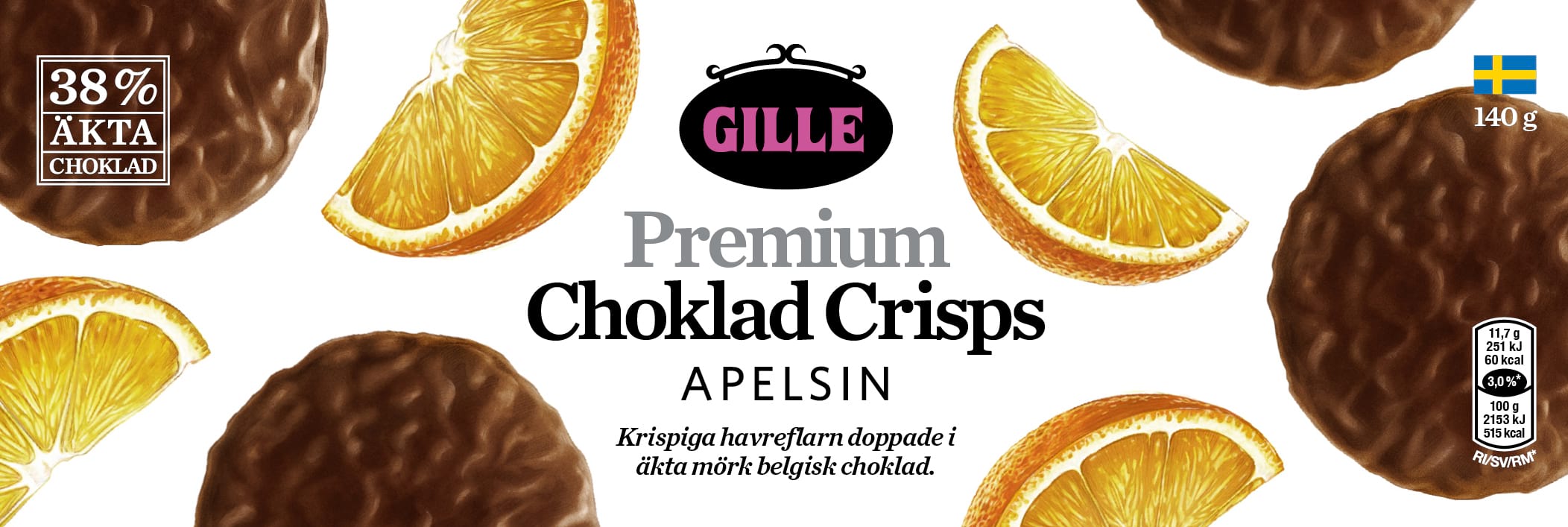 Illustrationen på förpackningen till Gille premium choklad crisps apelsin