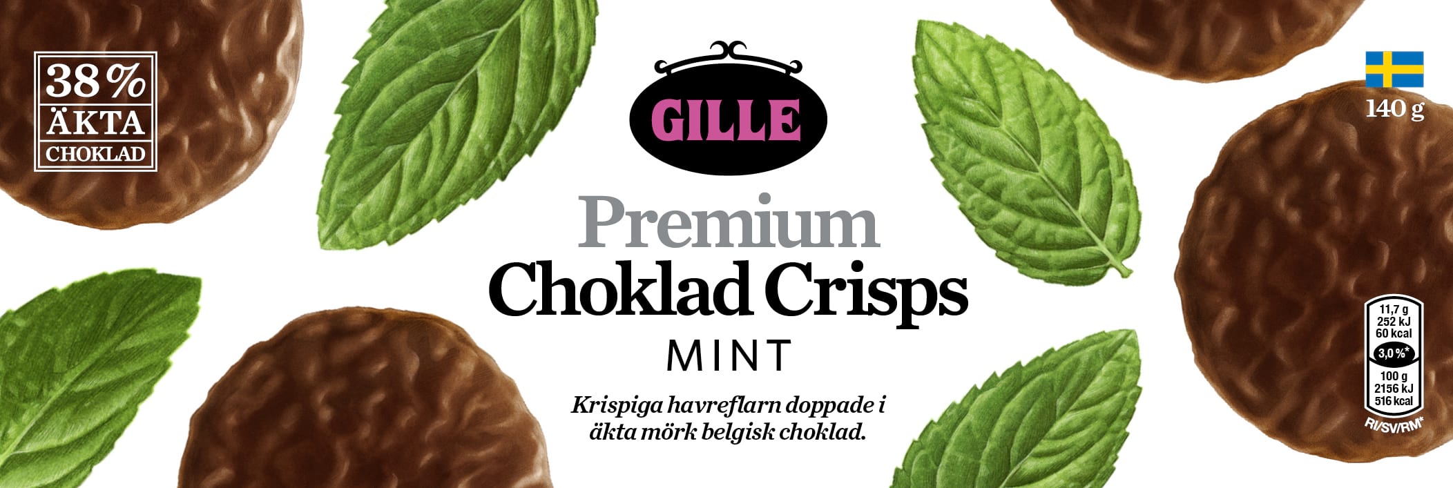 Illustrationen på förpackningen till Gille premium choklad crisps mint