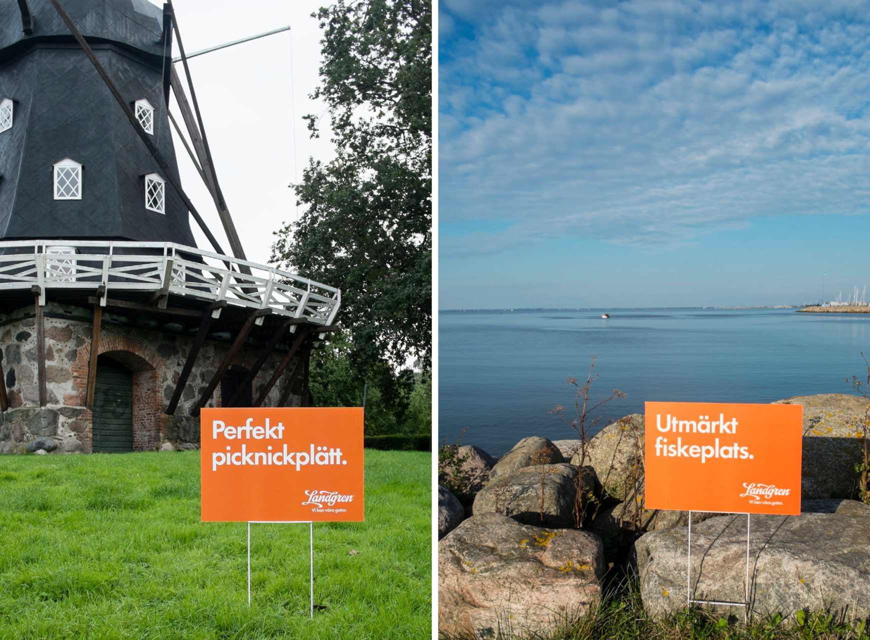 Reklam för Landgren framför en väderkvarn och framför havet i Malmö