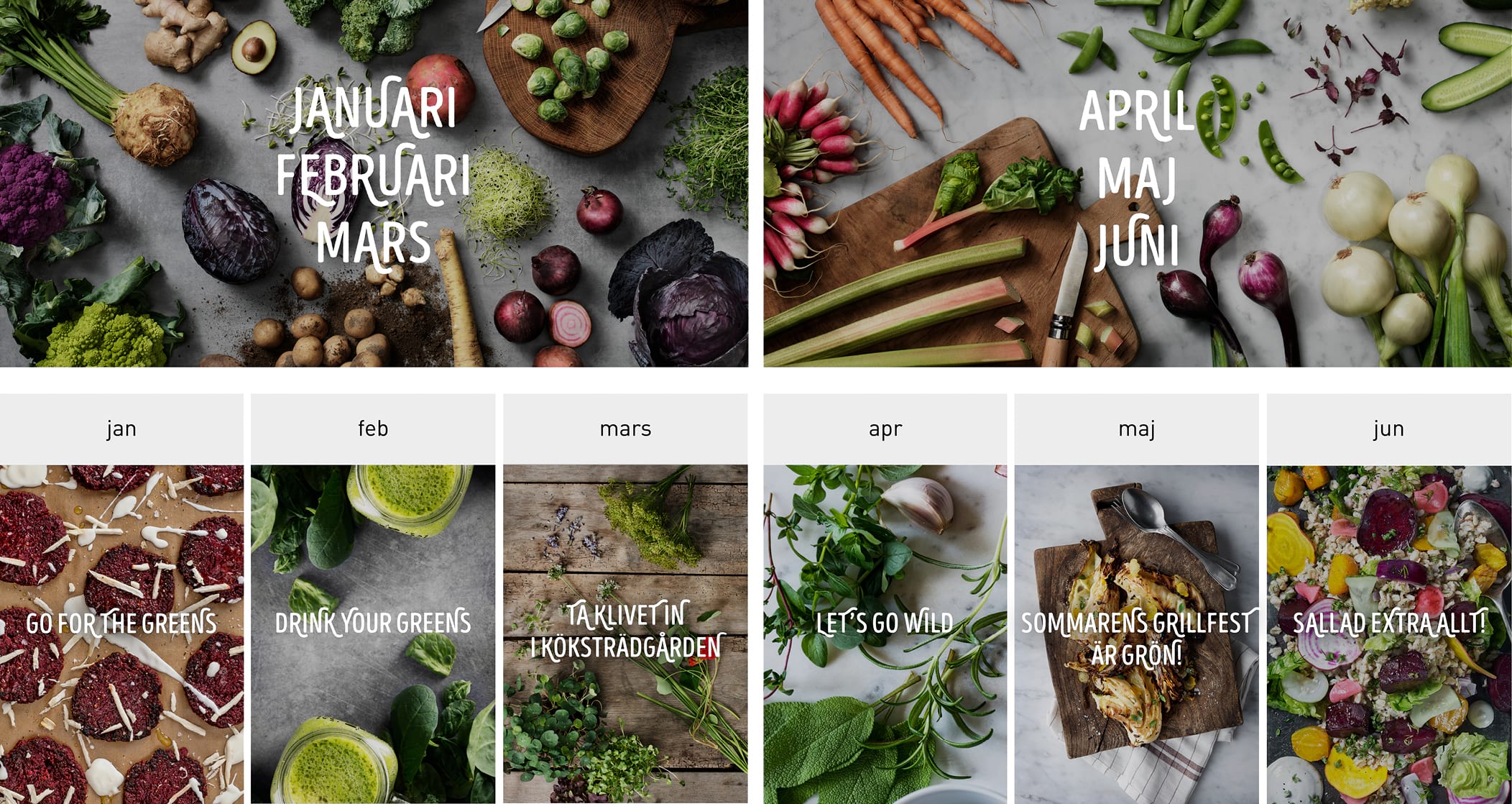 Kampanjbilder månadsvis med estetiska bilder med grönsaker och råvaror