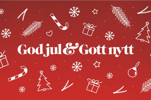 Guts & Glory önskar God jul & gott nytt år i vit text med röd bakgrund och juliga symboler