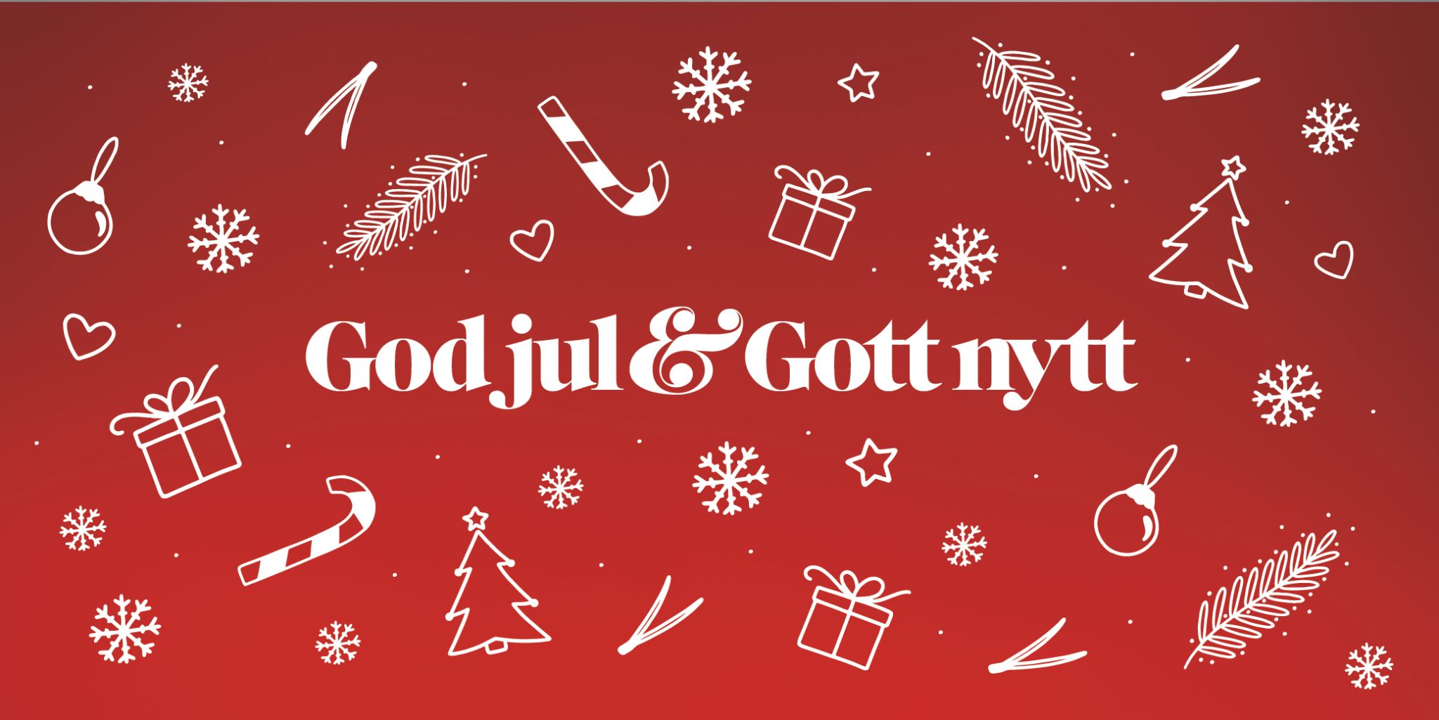 Guts & Glory önskar God jul & gott nytt år i vit text med röd bakgrund och juliga symboler